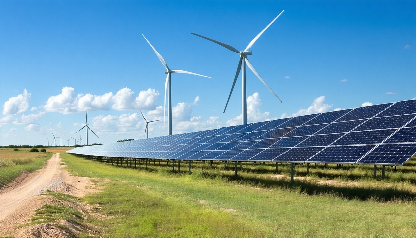 Texas landscape with solar panels and wind turbines